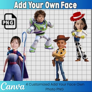 May include: A digital graphic featuring four cartoon characters with customizable faces, including a space ranger, a cowgirl with a red hat, a cowboy, and a shepherdess with a blue staff. The text reads Add Your Own Face and 4 Customized Add Your Own Face Own Photo PNG.