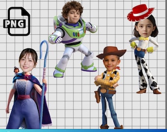 Peut inclure: Un graphique numérique présentant quatre personnages de dessin animé avec des visages personnalisables, dont un ranger de l'espace, une cow-girl au chapeau rouge, un cow-boy et une bergère avec un bâton bleu. Le texte indique Add Your Own Face et 4 Customized Add Your Own Face Own Photo PNG.