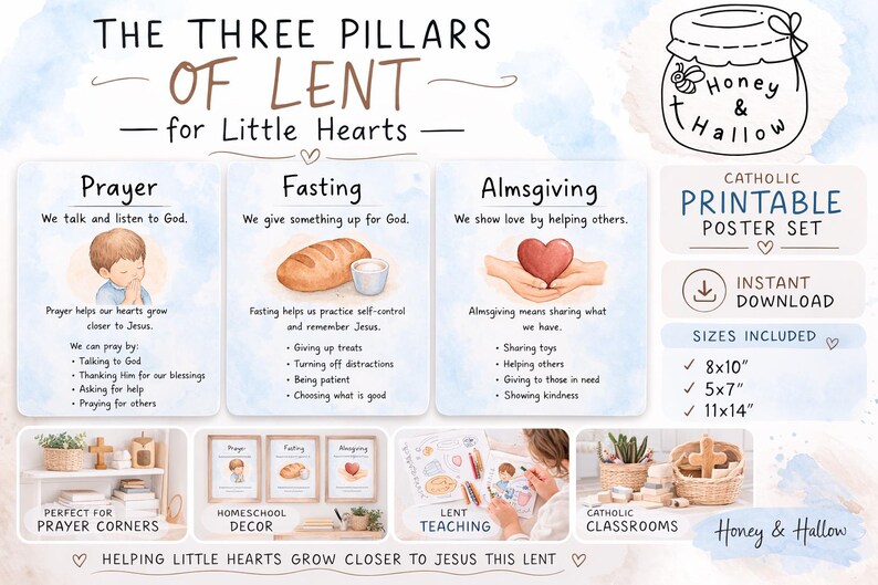 Catholic Lent Posters for Kids | Prayer Fasting Almsgiving | Three ...
