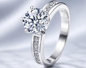 Runder Moissanite Verlobungsring, 925 Silber Solitaire Versprechensring, Pave Brautring für Sie