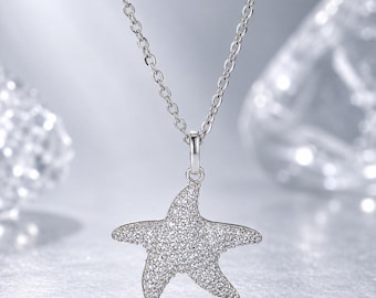 Seestern Moissanit Halskette, 925 Sterling Silber Anhänger, Ocean inspiriert Schmuck, Strand Geschenk für sie, Sommer Halskette