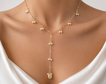 Gold Perle Y Halskette, zierliche Perle Lariat Halskette, Gold Ton Modeschmuck, Geschenk für sie, elegante Brautkette
