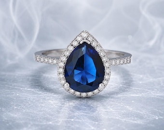 Birnenschliff Saphir Moissanit Ring, Blauer Zirkon Verlobungsring, Sterling Silber Versprechensring, personalisiertes Brautgeschenk für sie