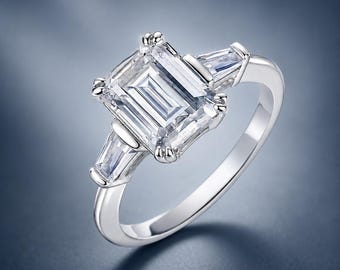 Moissanit Ring Smaragdschliff, Sterling Silber Verlobungsring, Brautring mit drei Steinen, Geschenk für sie, Jahrestagsring