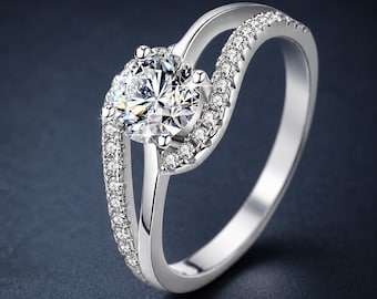 Runde Moissanite Ring, Sterling Silber Verlobungsring, Split Schaft Versprechensring, Brautgeschenk für sie