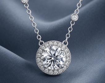 Moissanit Halskette, 925 Sterling Silber Halskette, Runder Anhänger Halskette, Geschenk für Sie, Brautschmuck