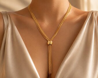 Statement Tassel Necklace, Gold Tone Layered Chain Necklace, Silver Tone Lariat Necklace, Long Fringe Necklace, Gift Ready Fashion Jewelry