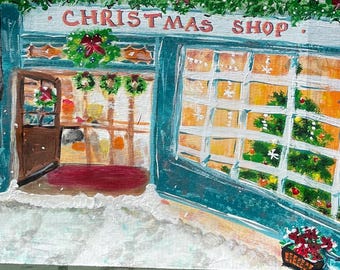 Hand Painted Shipping Gift Box: Cozy Christmas Cafe and Cardinal