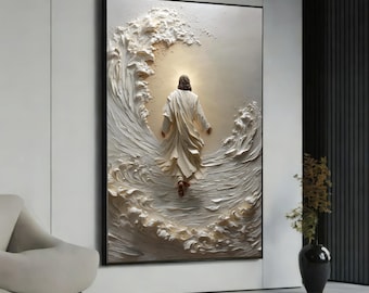 May include: A framed artwork depicts a figure in a white robe walking on water, surrounded by textured, stylized waves. The artwork has a bright, glowing background and is set in a modern interior with a white chair and black vase.