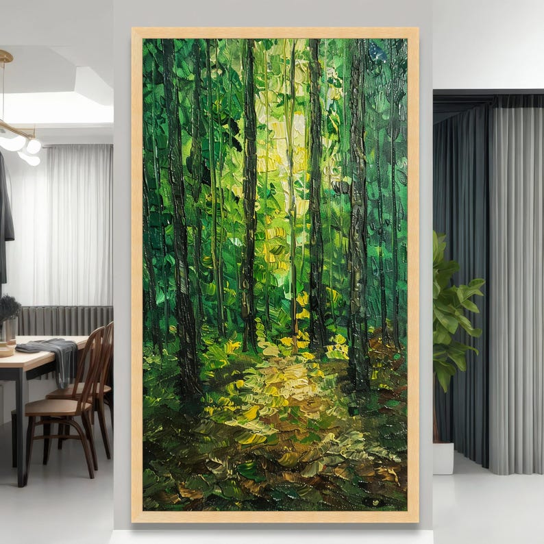 Illuminated Forest Path, Green Woodland Canvas Art, Nature Painting, Forest Wall Decor, Outdoor Landscape Canvas image 7
