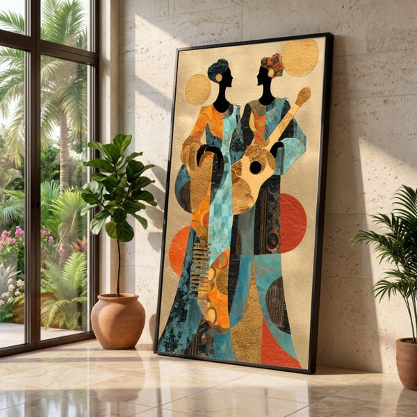 Elegant African Women with Guitar and Vase Canvas, Abstract Silhouette Art, Colorful Ethnic Wall Decor, Modern Canvas Wall Art for Home