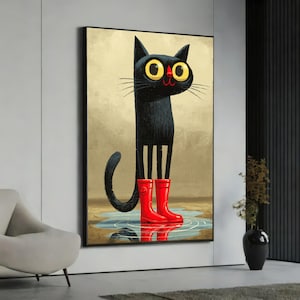 Pode incluir: Uma impressão de arte de parede emoldurada apresentando um gato preto estilizado com olhos amarelos grandes e um corpo fino. O gato está em pé em uma poça rasa de água enquanto usa botas de chuva de borracha vermelhas brilhantes.