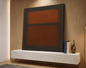 May include: A large abstract painting with a dark green border and two rectangular sections of burnt orange. The artwork hangs above a white shelf with books and a bronze sculpture. The wall is wood-paneled.