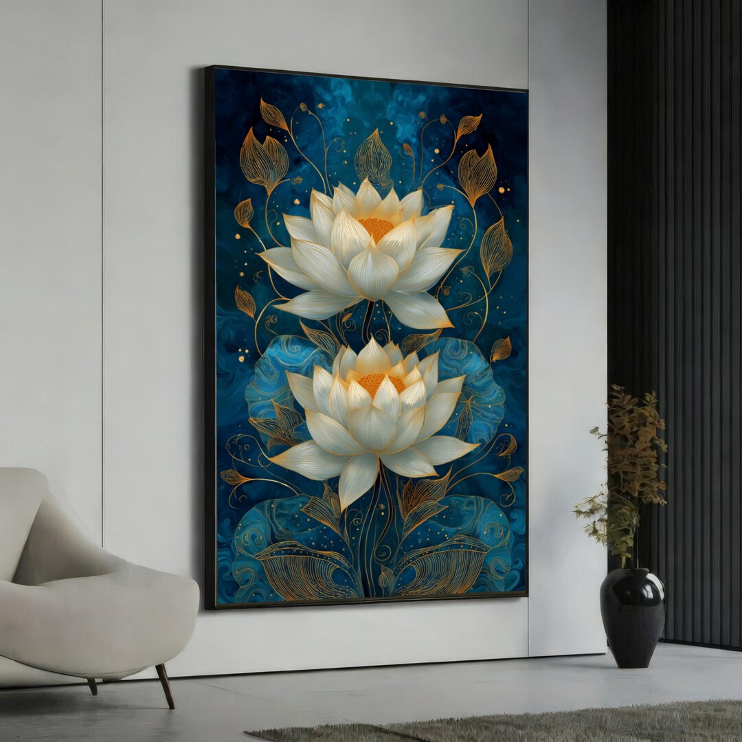 Elegant Lotus Flower Canvas Wall Art, Blue Gold Floral Painting, Modern ...