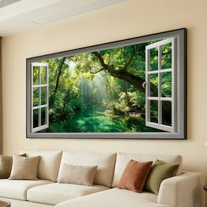 Open Window Canvas Wall Art, Forest Stream View, Sunlight Rays Through Trees, Green Nature Landscape, Tranquil River Scene Decoration