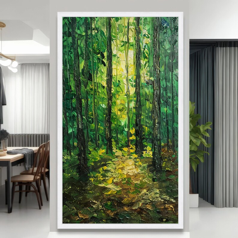 Illuminated Forest Path, Green Woodland Canvas Art, Nature Painting, Forest Wall Decor, Outdoor Landscape Canvas image 6