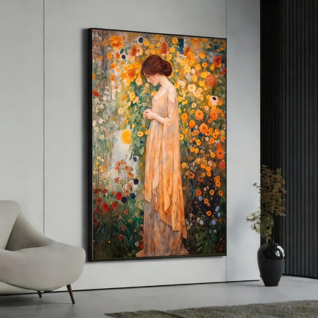 Gustav Klimt Floral Portrait Canvas, Woman in Flowing Dress Wall Art ...