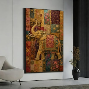 Gustav Klimt Elephant Canvas Wall Art, Floral Patchwork Gold Pattern, Exotic Animal Decor, Ornate Home canvas painting,gift, ready to hang