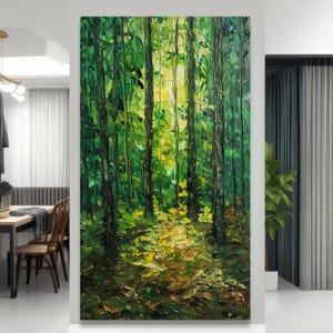 Illuminated Forest Path, Green Woodland Canvas Art, Nature Painting, Forest Wall Decor, Outdoor Landscape Canvas image 2