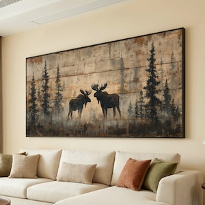 Quadro su tela con alce in stile rustico del bosco, silhouette vintage della foresta, decorazione per baita, tela con fauna selvatica naturale, decorazione murale rustica per lodge.
