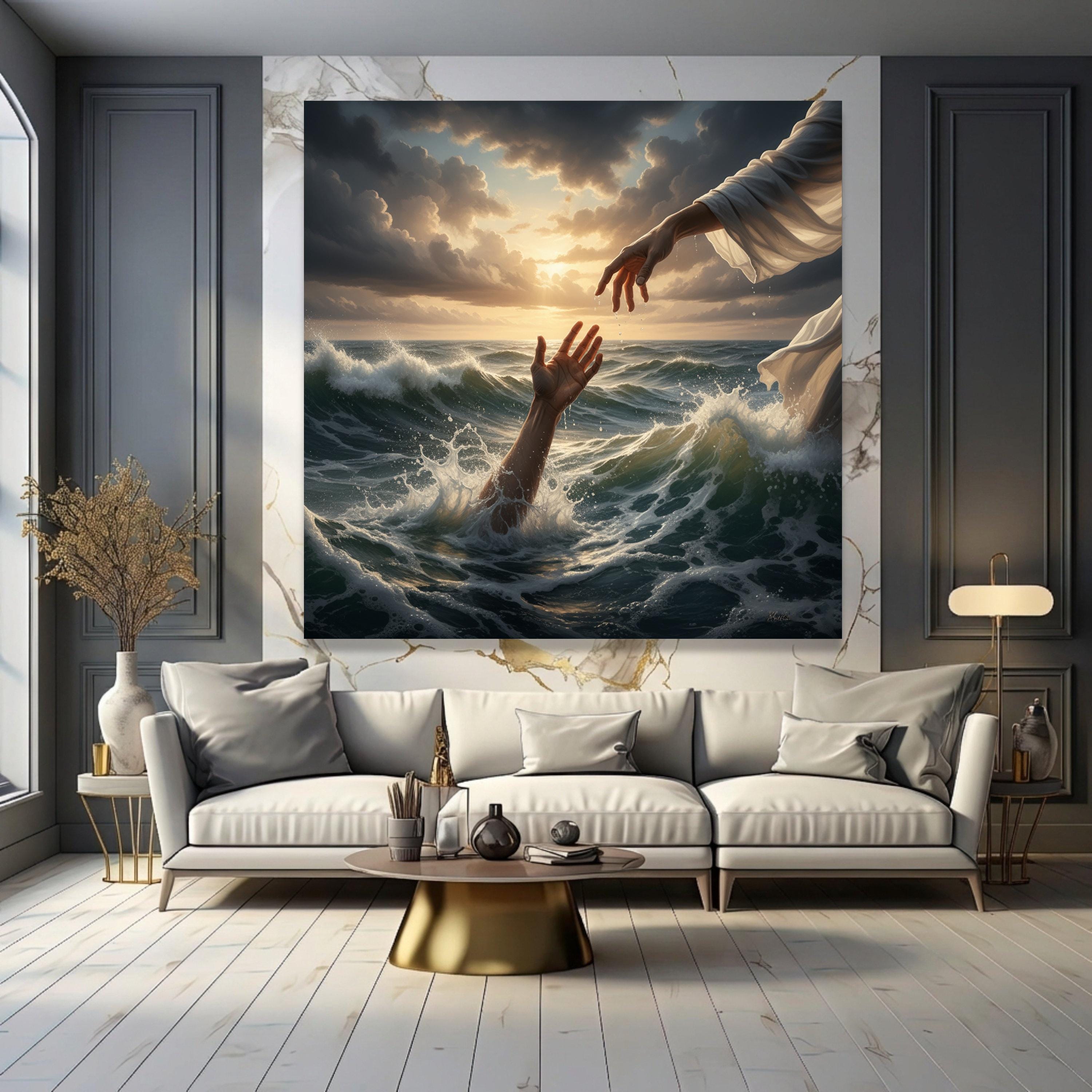 Jesus Reaching Hand, Spiritual Ocean Rescue Canvas, Christian Faith ...