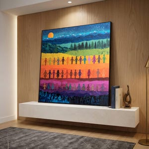 Rainbow Unity Canvas Wall Art, Hand in Hand People Silhouettes, Inspiring Community Painting, Colorful Abstract Landscape Art, Modern Home