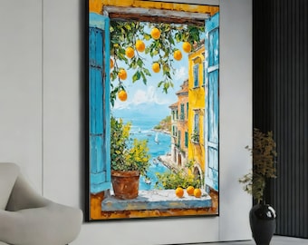 Mediterranean Seaside View Canvas, Open Window Wall Art, Citrus Tree Landscape, Coastal Home Decor, Bright Yellow Blue Canvas