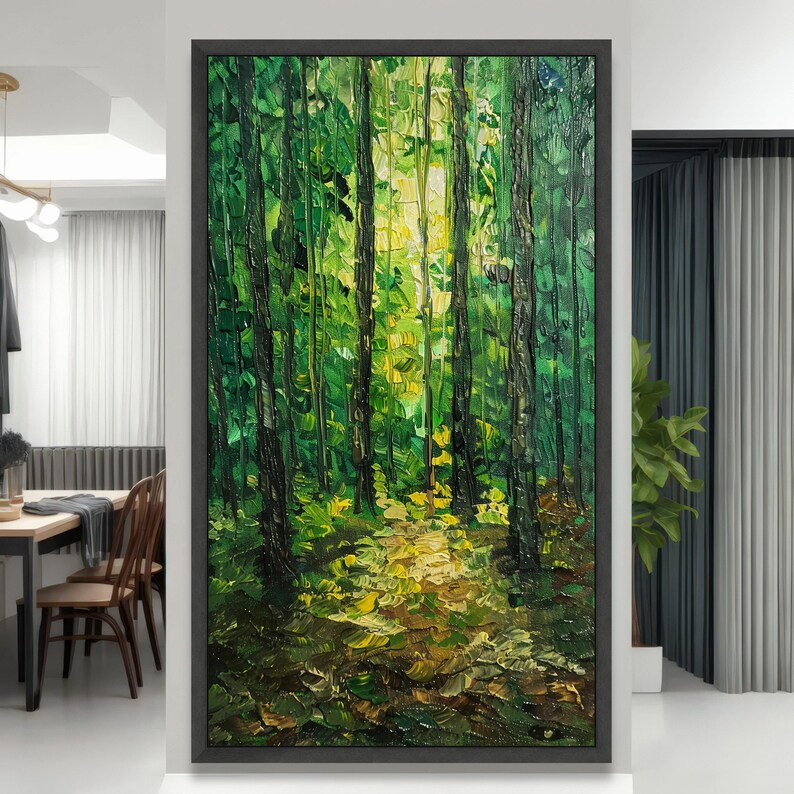 Illuminated Forest Path, Green Woodland Canvas Art, Nature Painting, Forest Wall Decor, Outdoor Landscape Canvas image 4