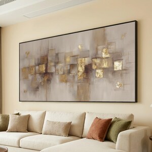 Abstract gouden canvas, neutrale moderne muurkunst, geometrische metalen vierkanten, elegant huisdecor, hedendaagse canvasschilderij