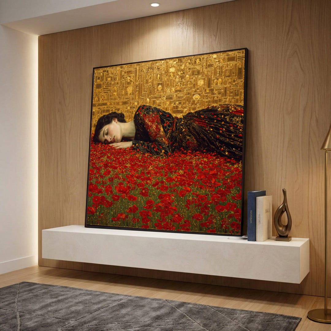 Gustav Klimt Woman Resting in Red Poppy Field Canvas Wall Art, Floral ...