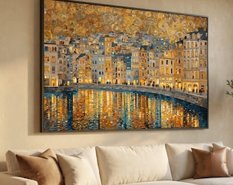 Gustav Klimt Cityscape Canvas Wall Art, Golden Night Reflections, Architectural Urban Scene, Modern Decorative Painting, Ready to Hang