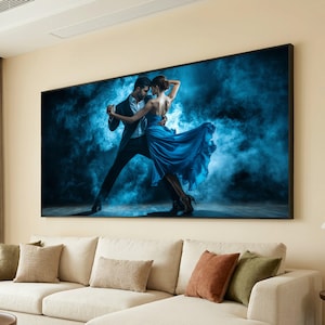 Electric Tango Umarmung Leidenschaftlicher Tanz inmitten einer nebligen blauen Traumlandschaft Leinwand Gemälde ,Geschenk,