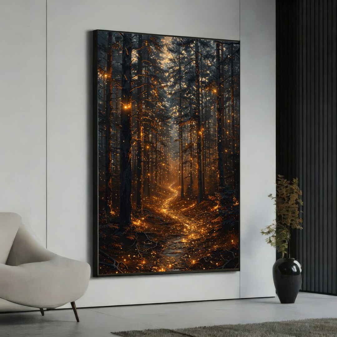 Enchanted Forest Pathway Canvas, Magical Firefly Lights Wall Art ...