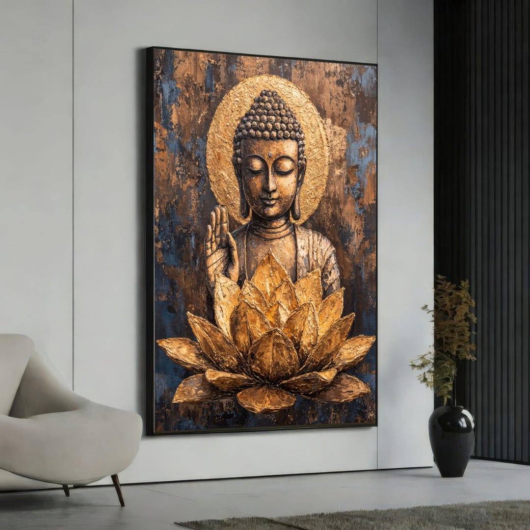Golden Buddha With Lotus Flower Canvas, Spiritual Meditation Wall Art ...