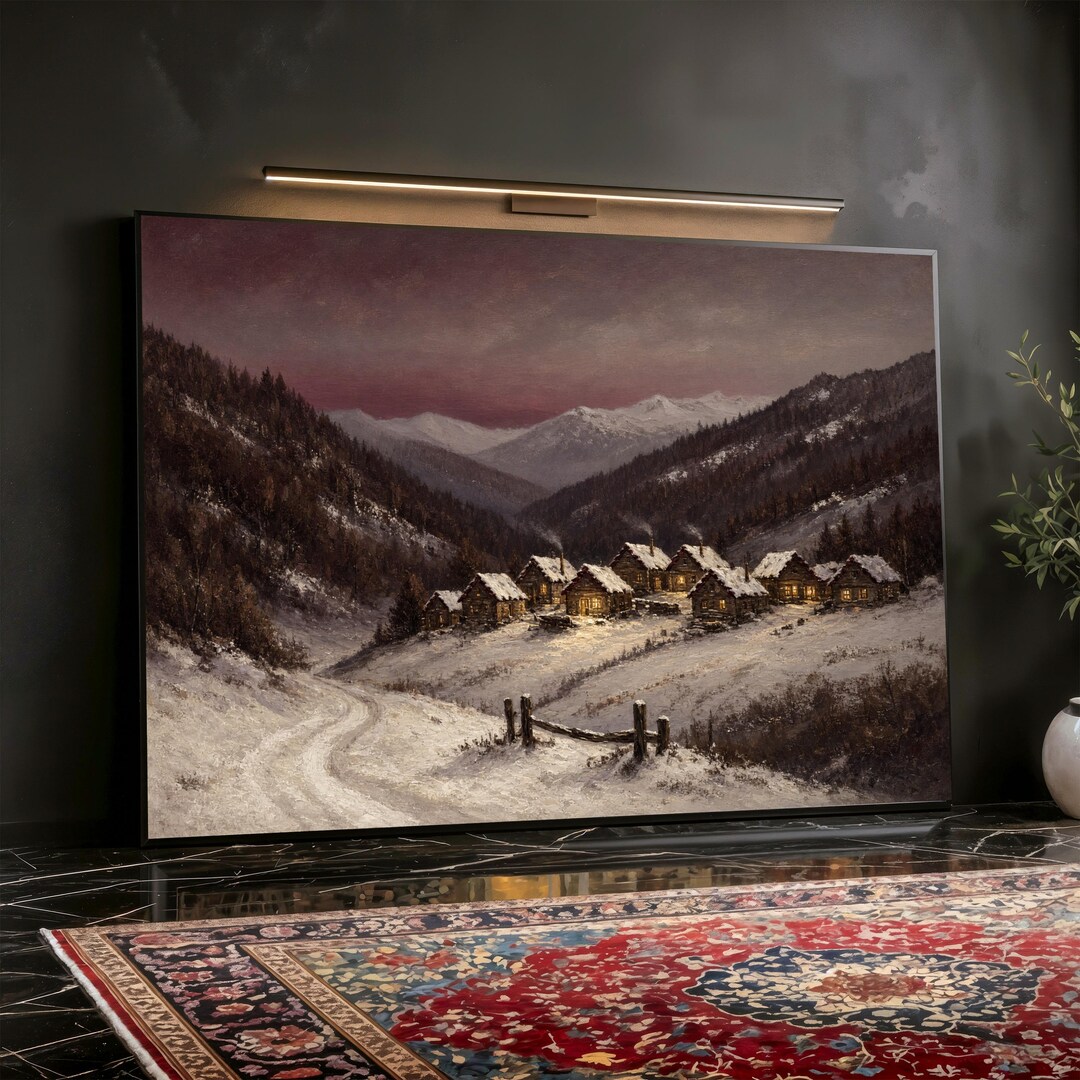 Snowy Mountain Village Wall Art, Alpine Cabins Nestled in a Winter ...