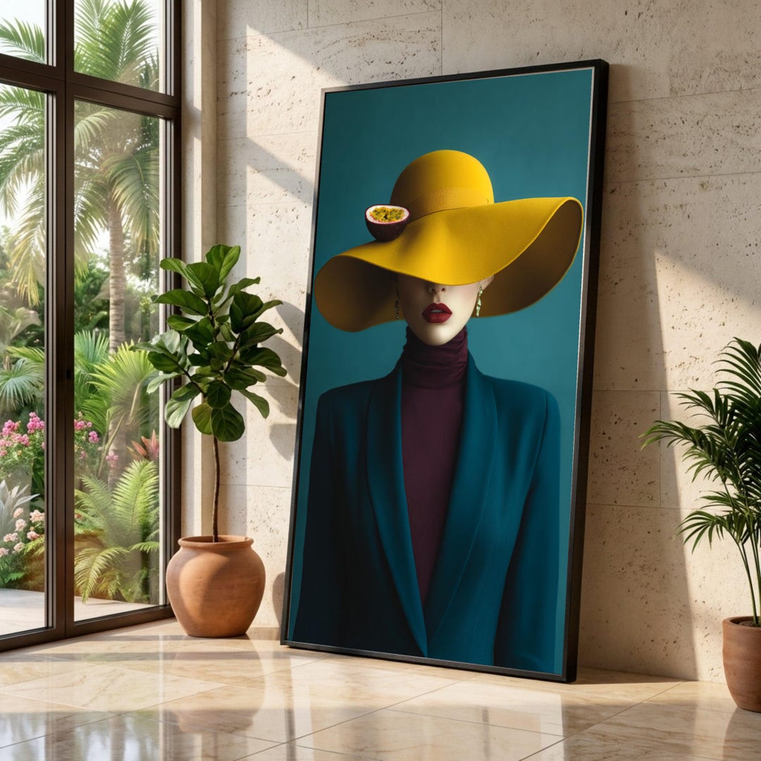 Modern Fashion Portrait, Woman in Yellow Wide Brim Hat Canvas, Bold ...