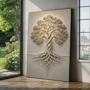 Könnte beinhalten: Ein rechteckiges Wandkunstwerk mit einem dreidimensionalen Relief eines Baumes mit ineinander verschlungenen Stämmen und freiliegenden Wurzeln. Der Baum ist in einem hellen Beigeton auf passendem Hintergrund gehalten.