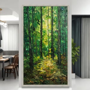 Illuminated Forest Path, Green Woodland Canvas Art, Nature Painting, Forest Wall Decor, Outdoor Landscape Canvas image 5