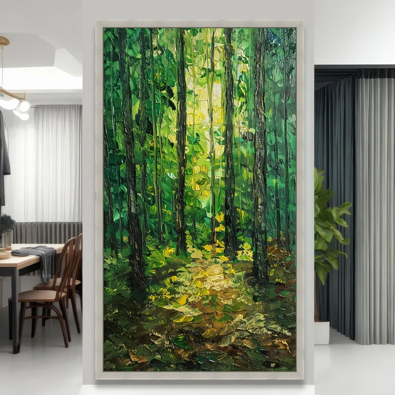 Illuminated Forest Path, Green Woodland Canvas Art, Nature Painting, Forest Wall Decor, Outdoor Landscape Canvas image 5