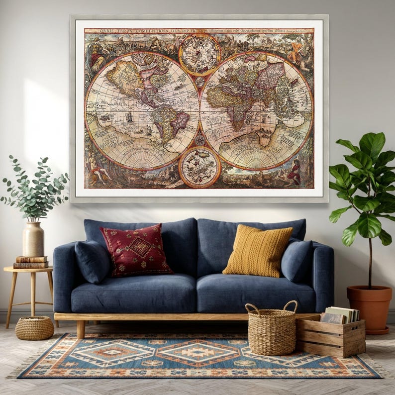Vintage World Map Canvas Wall Art, Antique Style Atlas Print, Old World ...