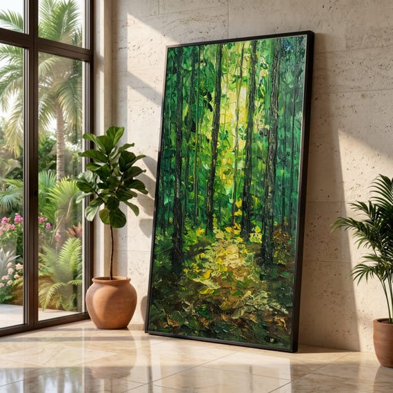 Illuminated Forest Path, Green Woodland Canvas Art, Nature Painting, Forest Wall Decor, Outdoor Landscape Canvas