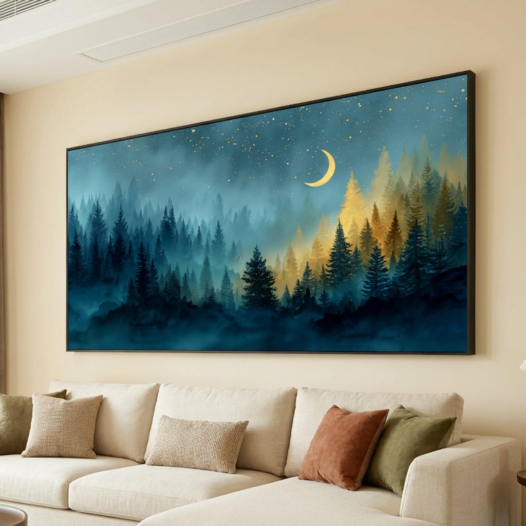 Mystical Forest Night Scene Canvas, Golden Moon Wall Art, Pine Trees ...
