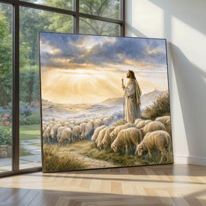 Könnte beinhalten: Ein gerahmter rechteckiger Wandkunstdruck, der eine Gestalt in einem langen Gewand mit einem Holzstab zeigt, die auf einem grasbewachsenen Hügel steht und auf eine große Herde weißer Schafe blickt, während goldenes Licht durch Wolken strahlt.