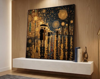 Gustav Klimt Romantisk kvällspromenad Canvas, Abstrakt mosaik stadslandskap väggkonst, Elegant par med paraply, Modern dekorativ canvas