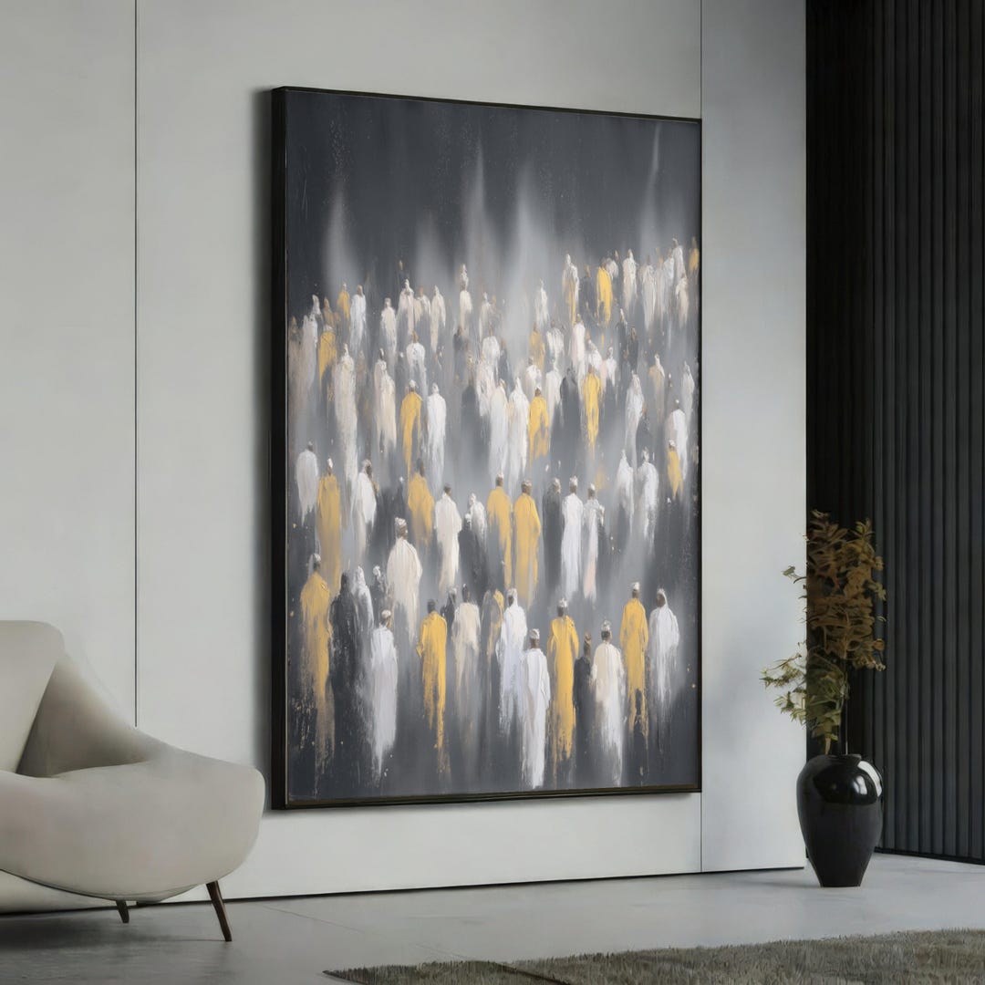 Abstract Crowd Scene Canvas, Modern People Art, Yellow and White ...
