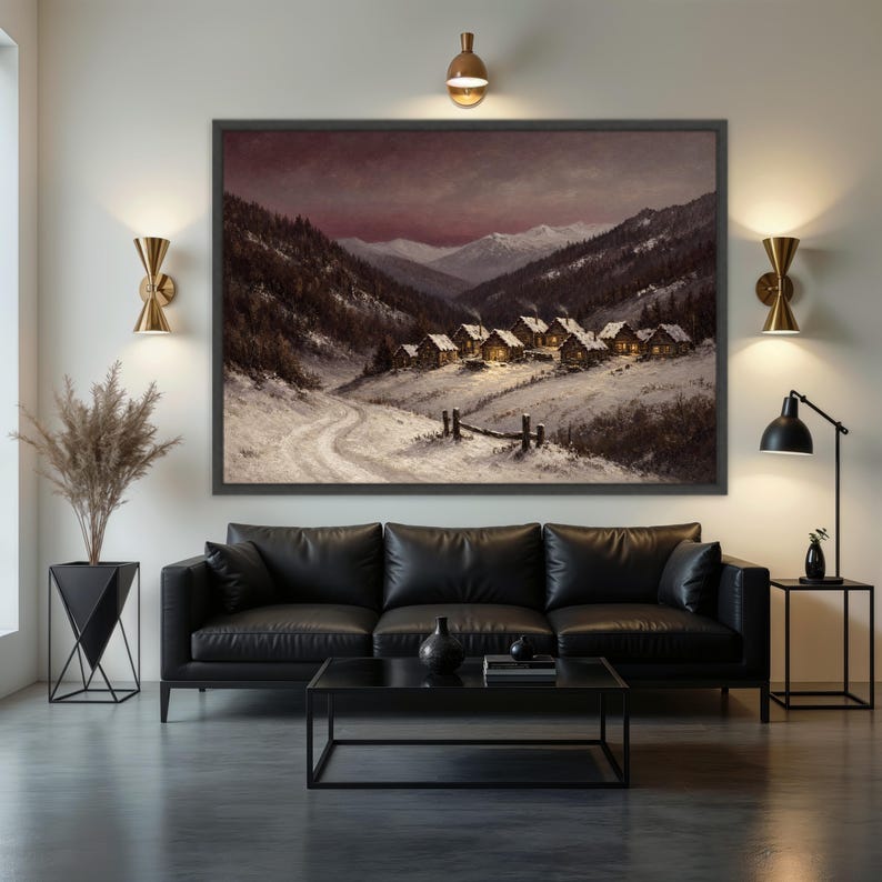 Snowy Mountain Village Wall Art, Alpine Cabins Nestled in a Winter ...