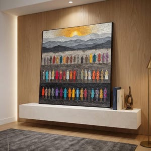 May include: Large framed artwork depicting a sunset over a mountain range, with rows of figures holding hands. The figures are dressed in various colors. The artwork is displayed on a white shelf against a wooden wall.