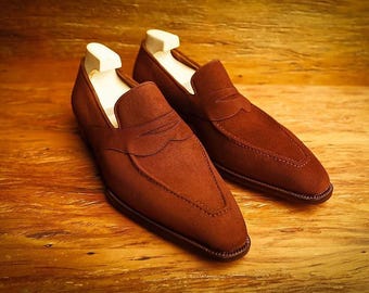 Nuove scarpe mocassino in pelle scamosciata pura fatte a mano per uomo