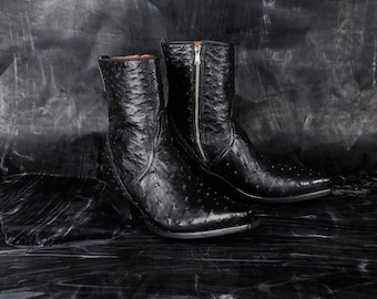 New Handmade Ostrich Embossed Leather Cowboy Zipper Boots For Men