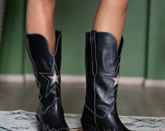 Botas vaqueras Western de cuero auténtico hechas a mano para mujer.
